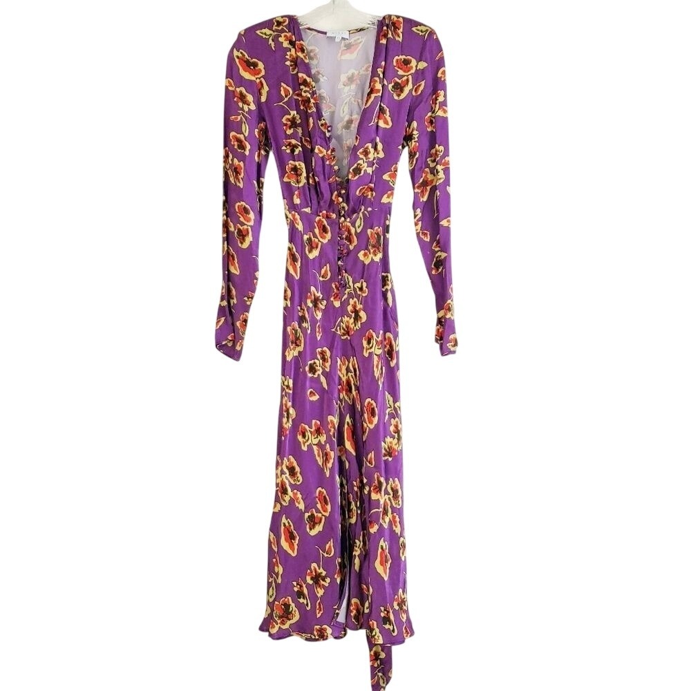 Ghost London XS Meryl‎ Dress Long Sleeve Wrap Purple Floral Viscose Satin Maxi